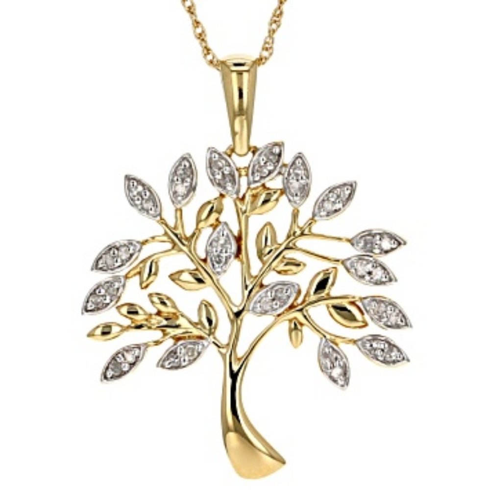 White Diamond 14k Yellow Gold Over Sterling Silver Tree Pendant With 18" Rope Ch